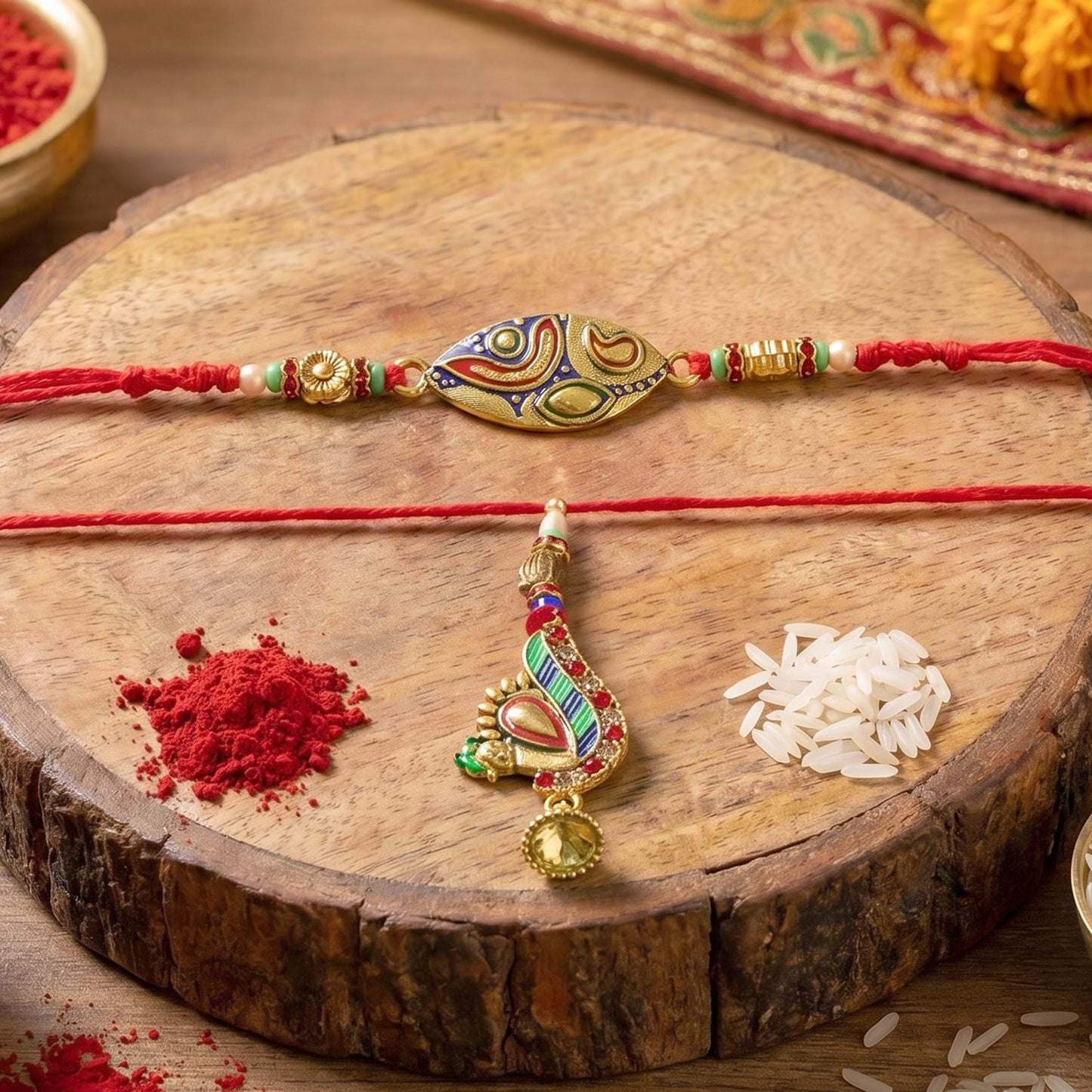 Close-up of peacock latkan on Bhabhi Rakhi