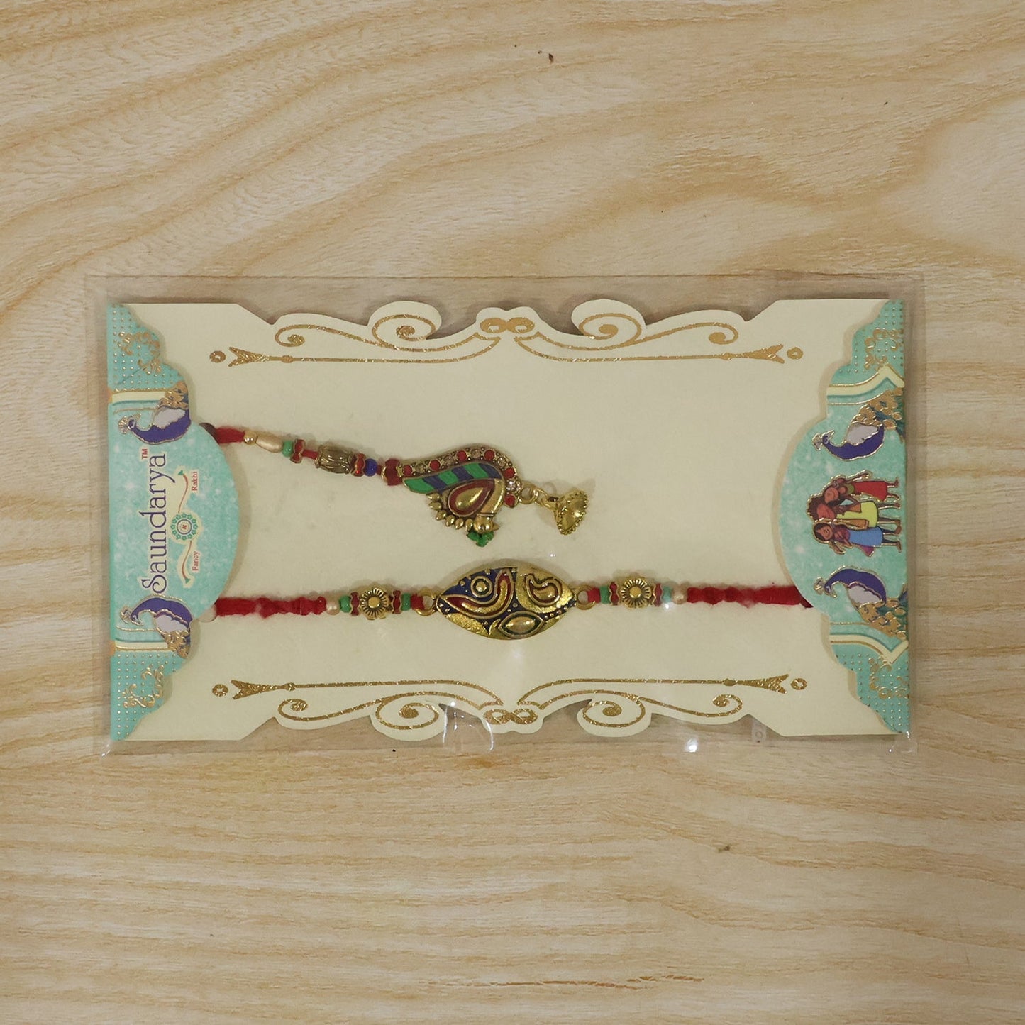 Side angle of Bhabhi Rakhi with peacock design