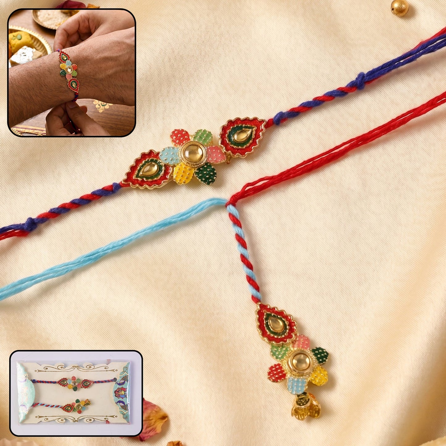 Close-up of multicolor thread Bhabhi Rakhi with floral latkan