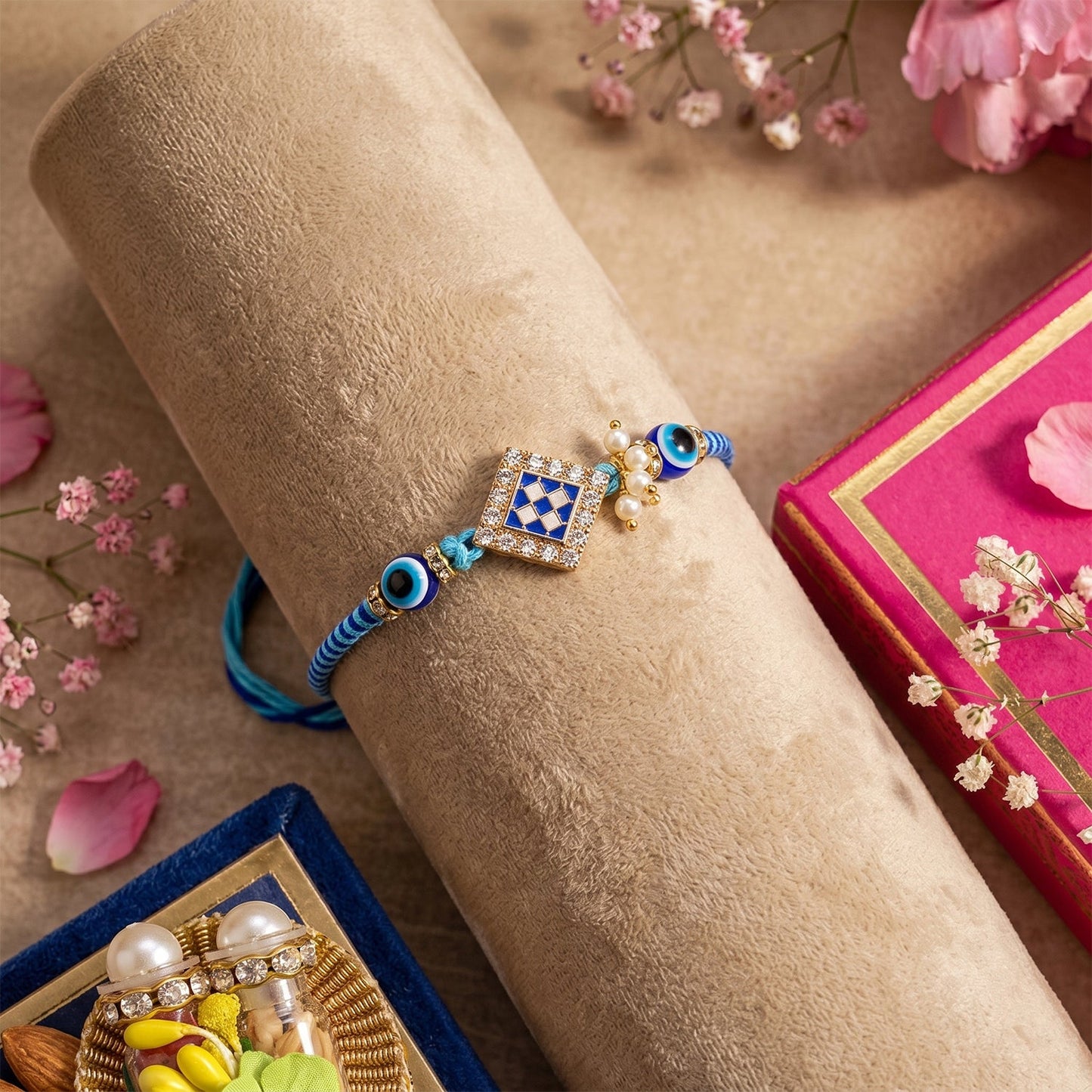 Hand holding Pearl Bhabhi Rakhi twin charm design