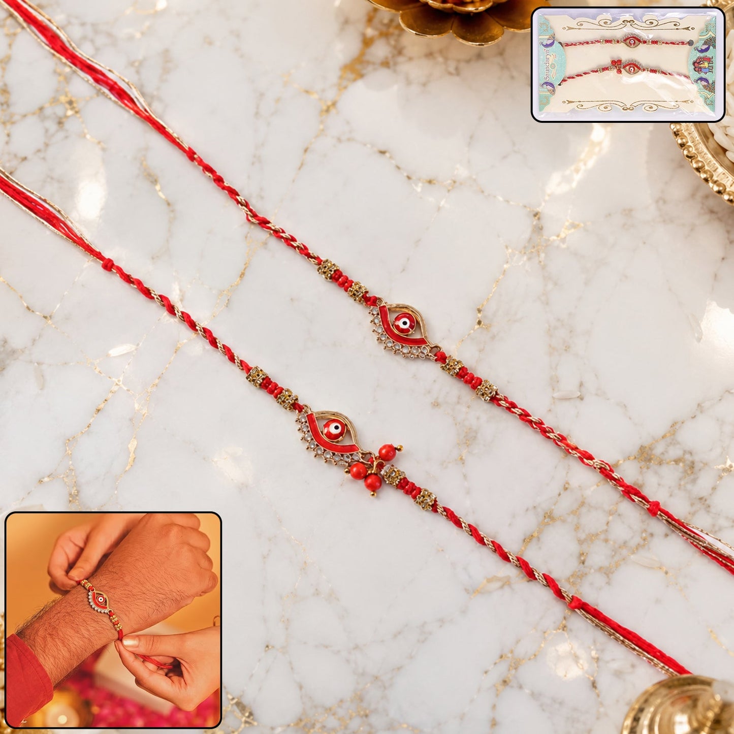 Handcrafted Red Stone Bhabhi Rakhi with latkan displayed elegantly