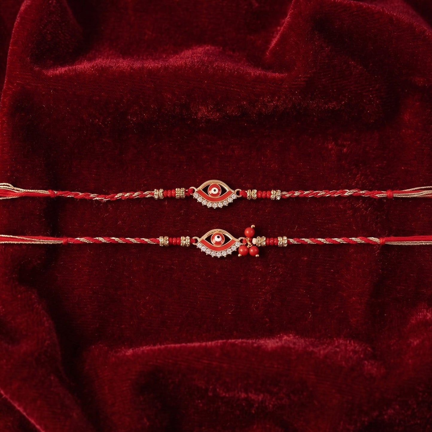 Close-up of red stone and latkan detail on Bhabhi Rakhi