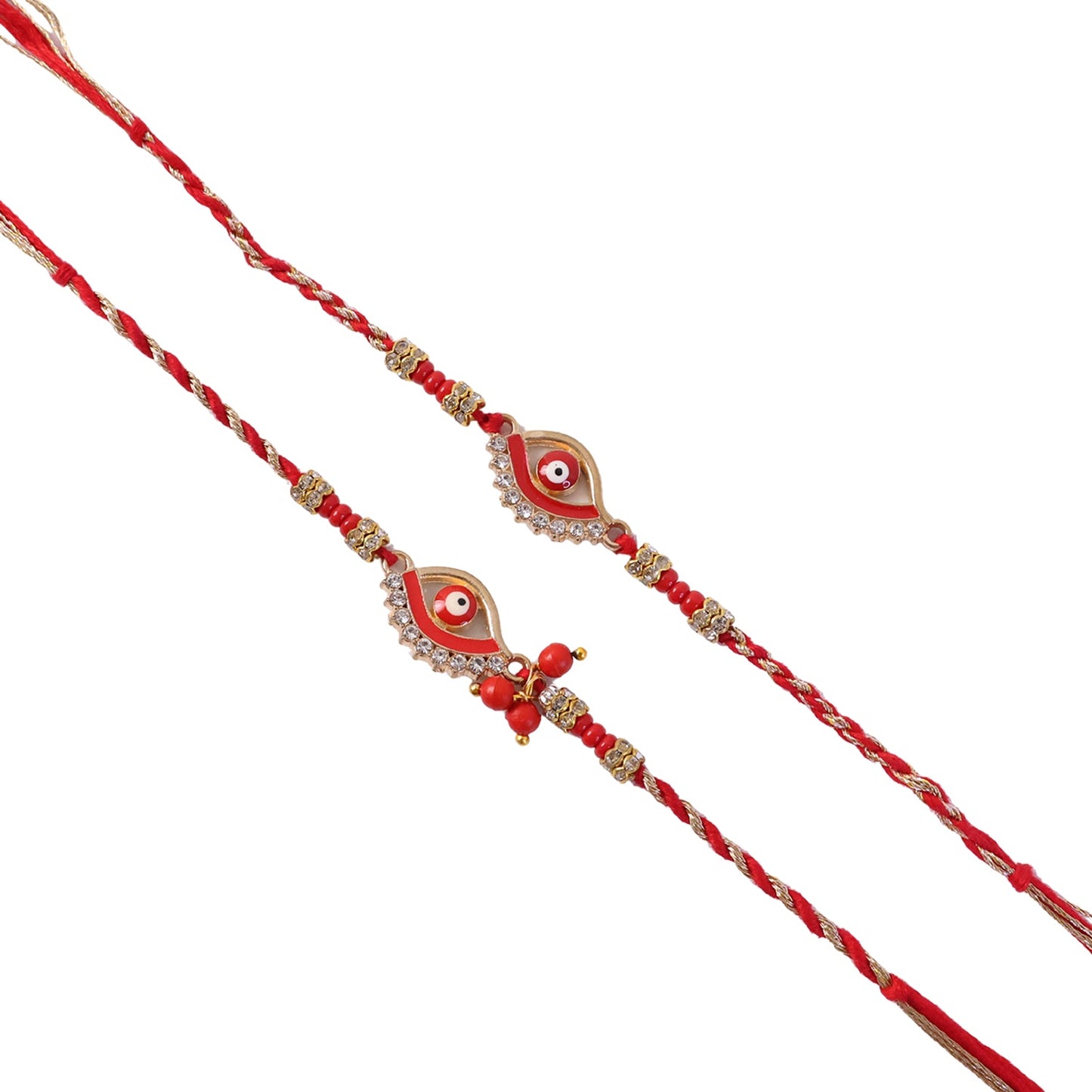 Side angle showing intricate design of Red Stone Bhabhi Rakhi and latkan