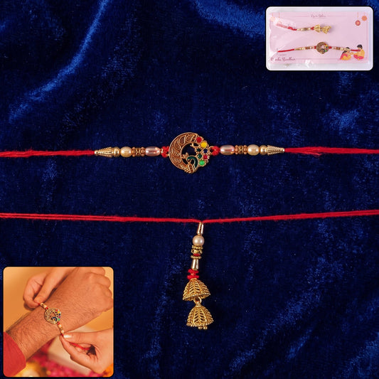 Peacock Motif Bhabhi Rakhi with Pearl Beads close-up