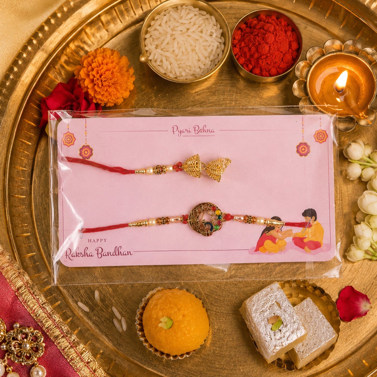 Handcrafted Peacock Motif Bhabhi Rakhi with pearls