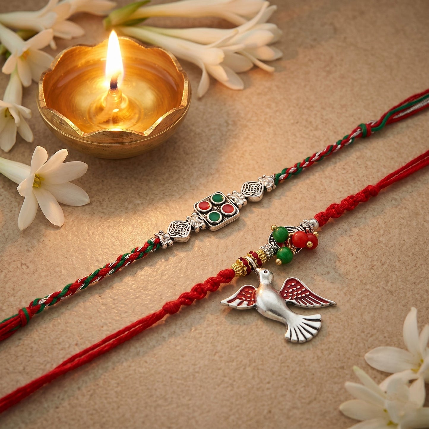 Packaged Bead Bhabhi Rakhi with Festive Card close-up