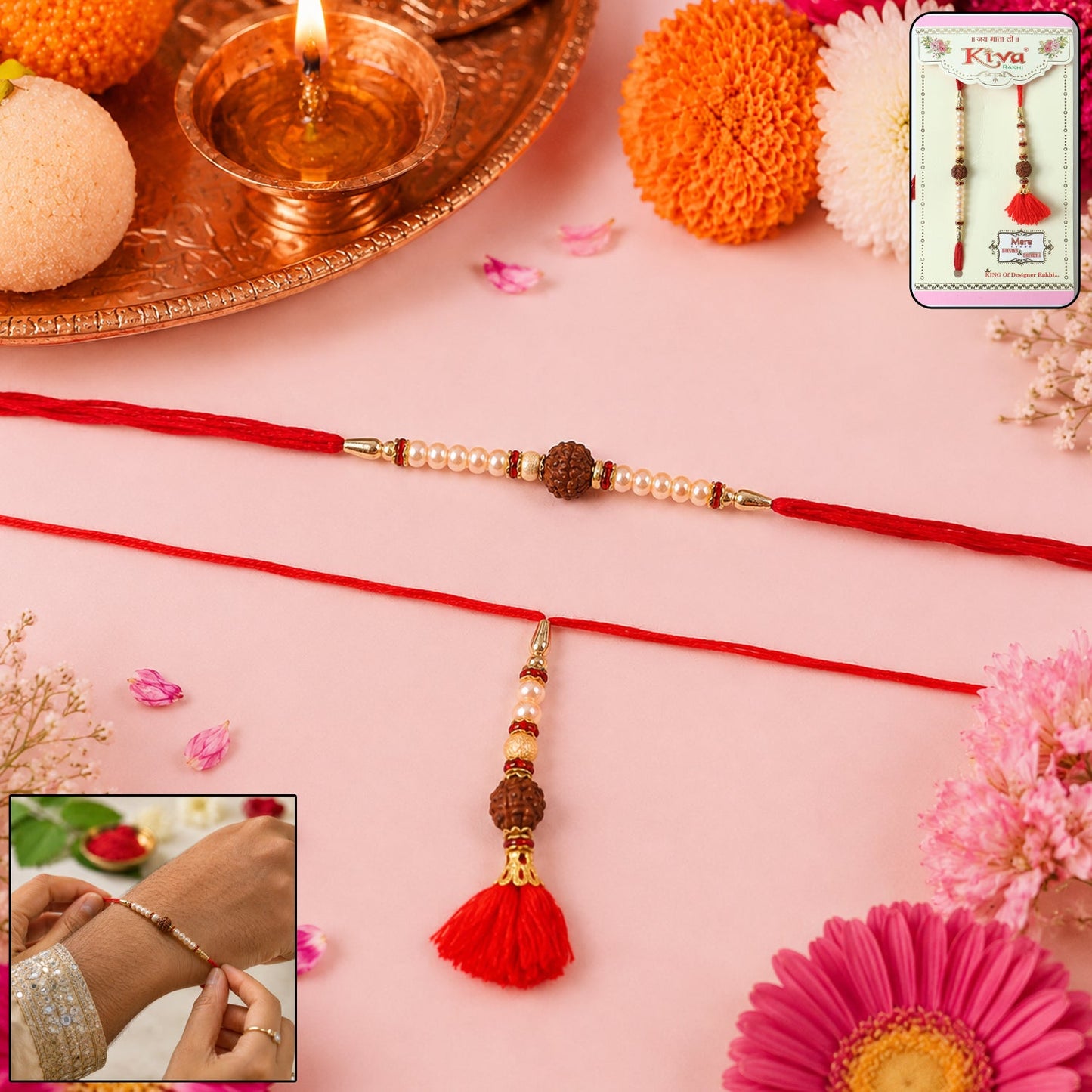 Elegant brown bead bhabhi rakhi with vibrant red tassel