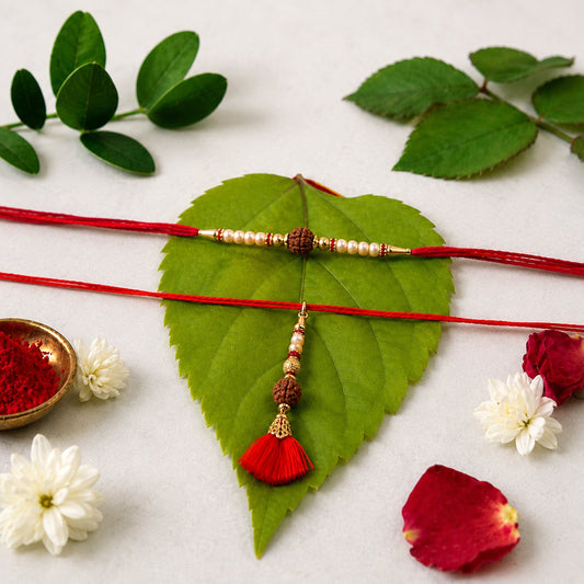 Brown Bead Bhabhi Rakhi with Red Tassel Latkan close-up