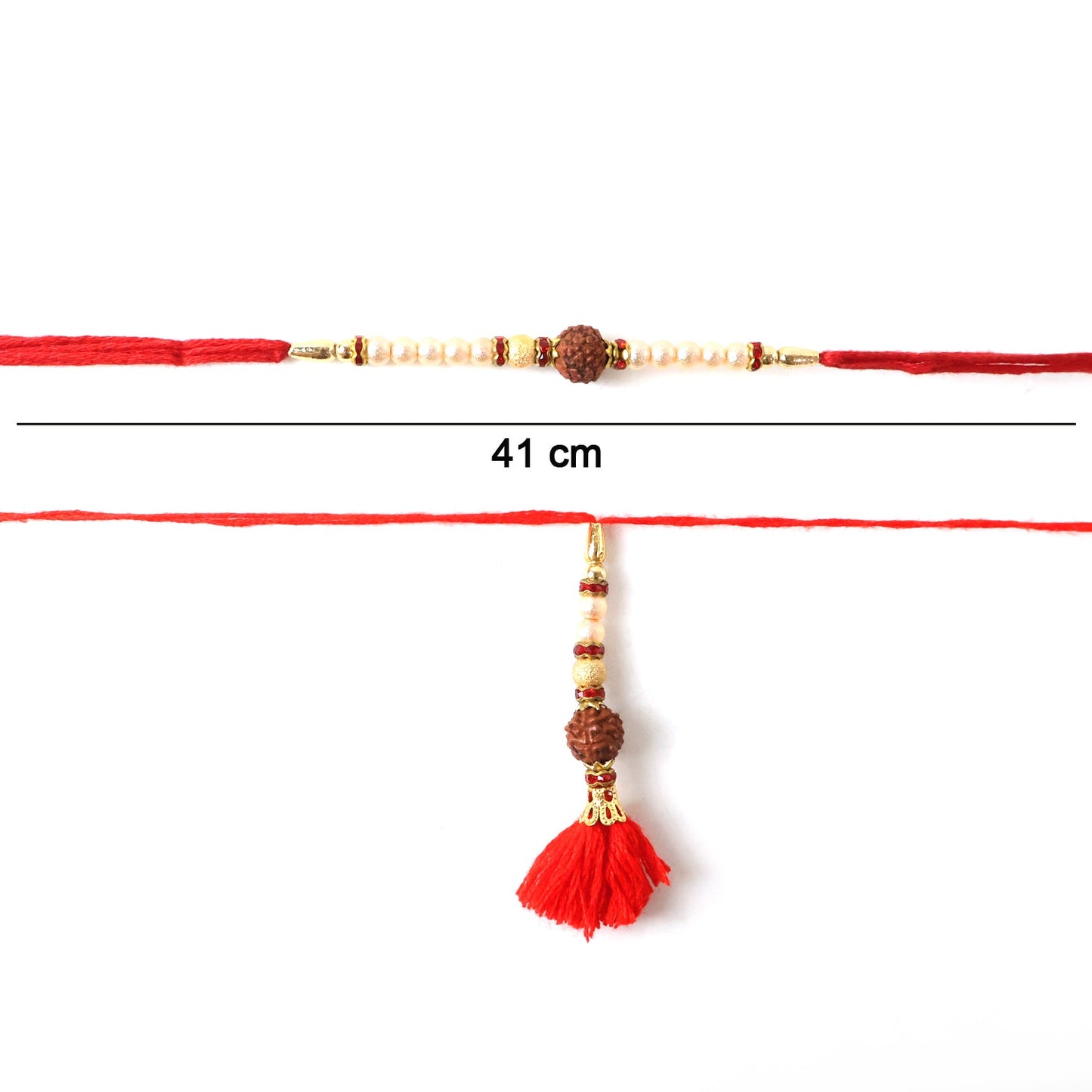 Traditional brown bead bhabhi rakhi featuring red tassel latkan