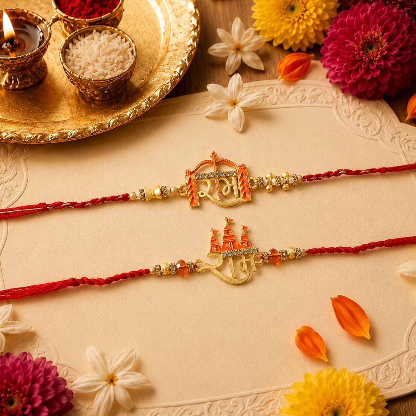 Shubh Labh Bhabhi Rakhi with golden latkan on white background