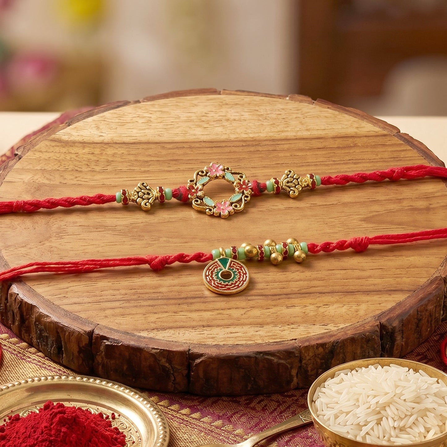 Top view of Floral Stone Bhabhi Rakhi with pearl hanging