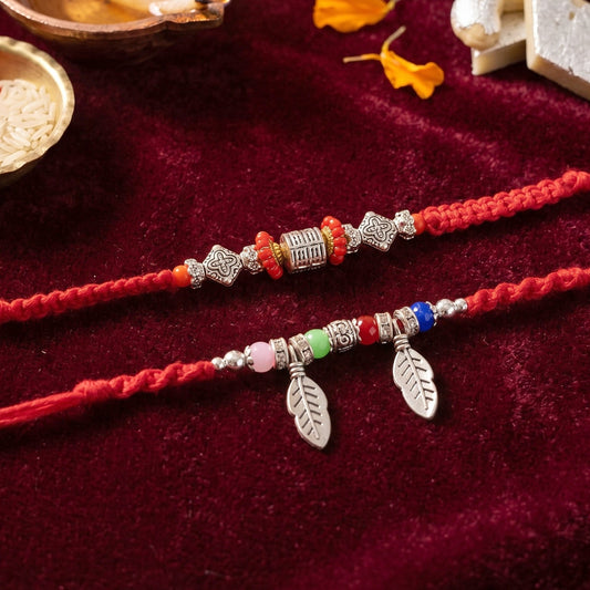 Leaf Charm Bhabhi Rakhi with colorful beads close-up