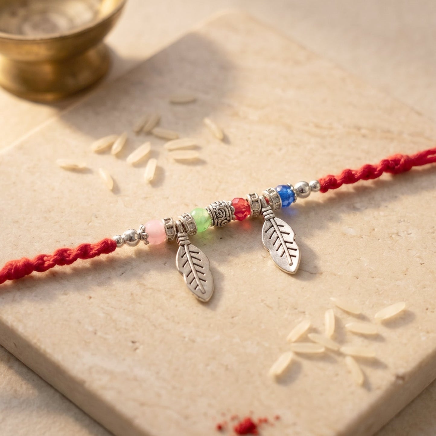 Handcrafted Leaf Charm Bhabhi Rakhi with multiple colorful beads
