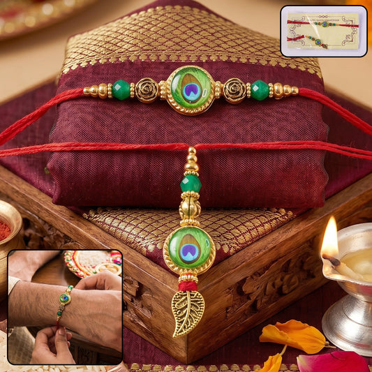 Evil Eye Peacock Bhabhi Rakhi with Leaf Latkan close-up