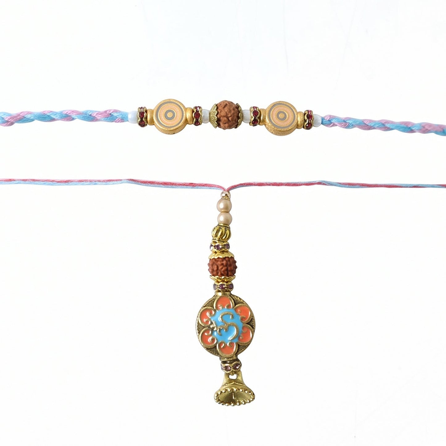 Blue Floral Bhabhi Rakhi with colorful threads displayed flat