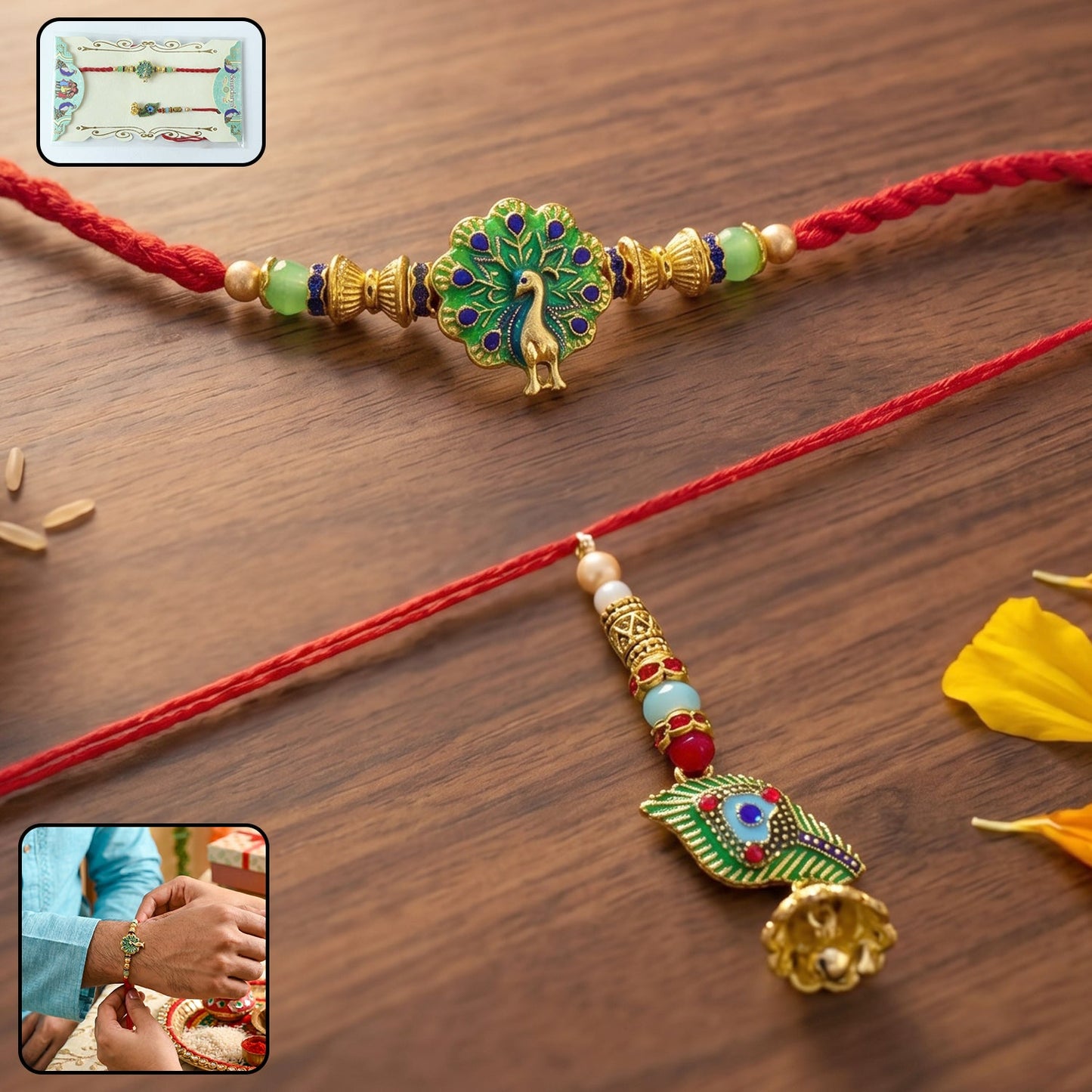 Peacock Bhabhi Rakhi with green stones and latkan front view