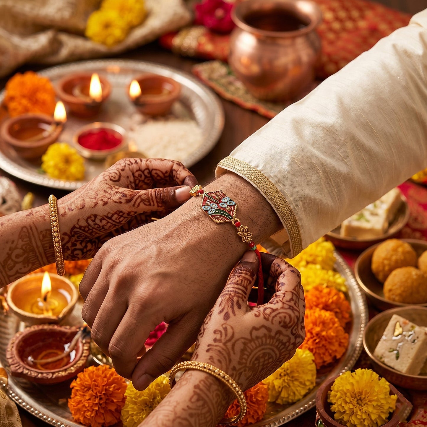 Close-up of Meenakari Pot Bhabhi Rakhi gold latkan