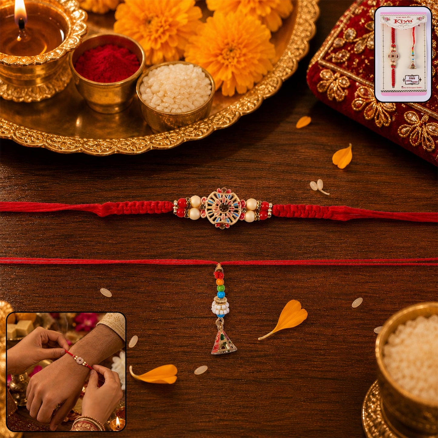 Sunflower Stone Bhabhi Rakhi front angle with Bead Latkan