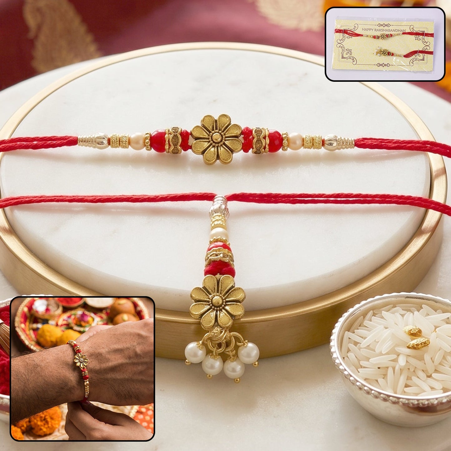 Golden floral designer Rakhi with pearl beads close-up