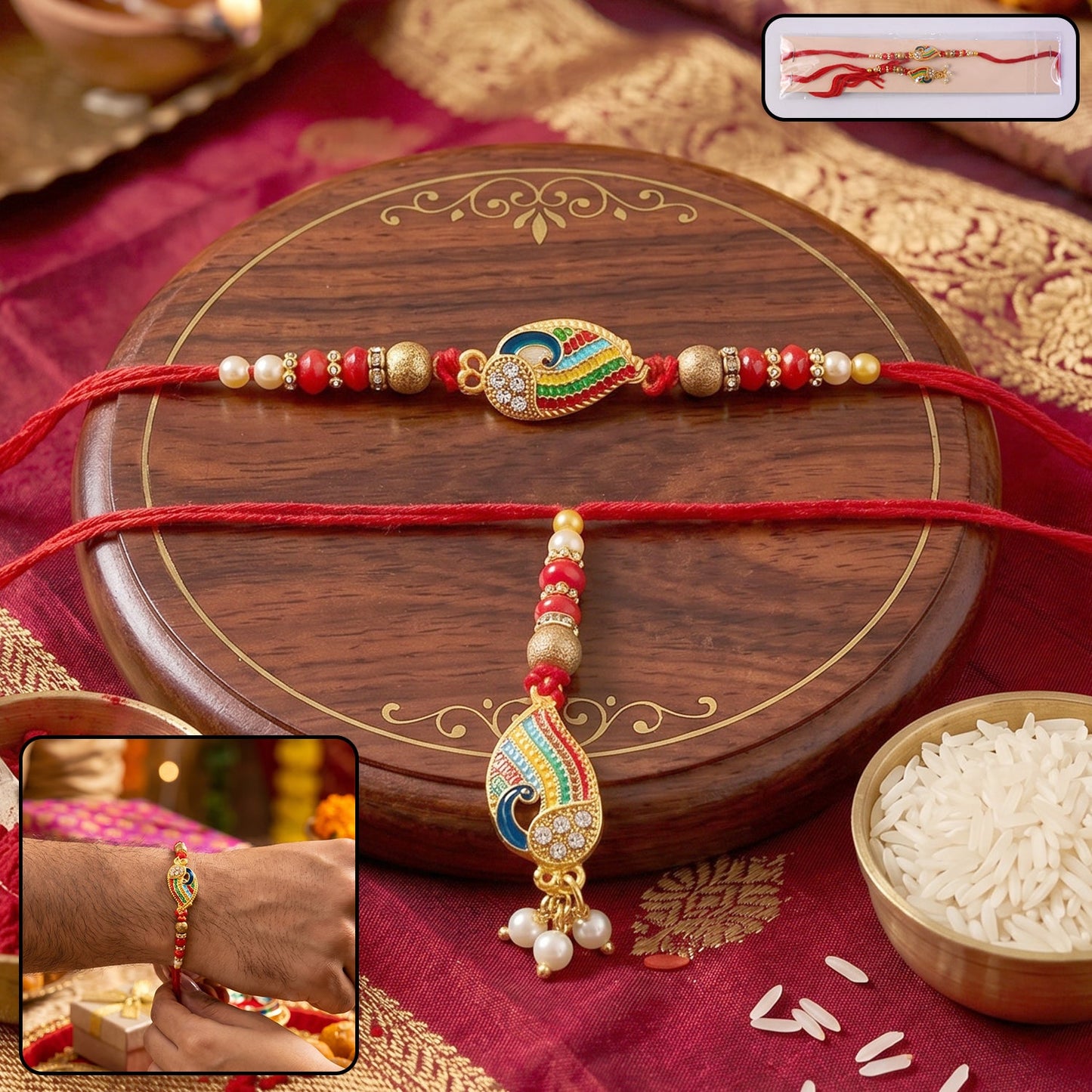 Colorful Peacock Meenakari Designer Rakhi with Pearl Beads front view