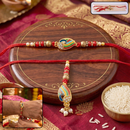 Colorful Peacock Meenakari Designer Rakhi with Pearl Beads