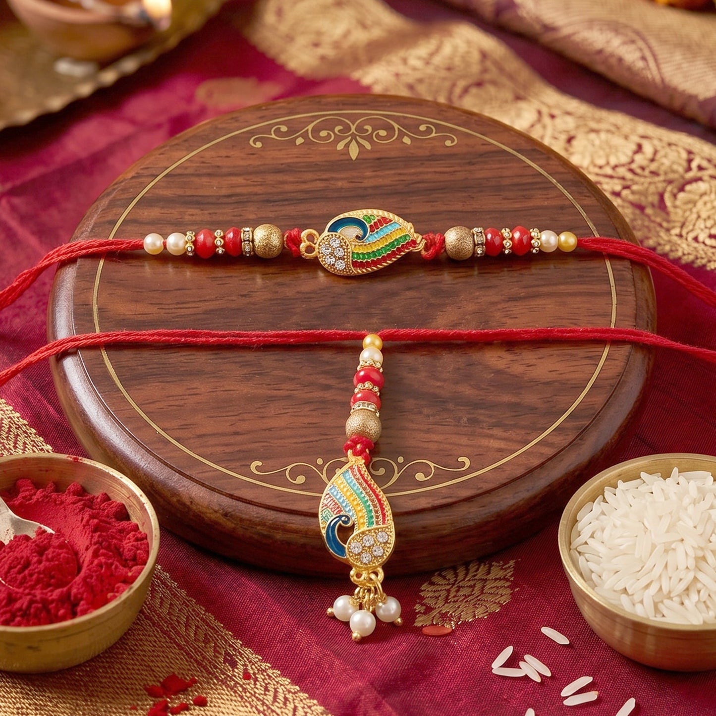 Close-up of Peacock Meenakari rakhi with pearl beads