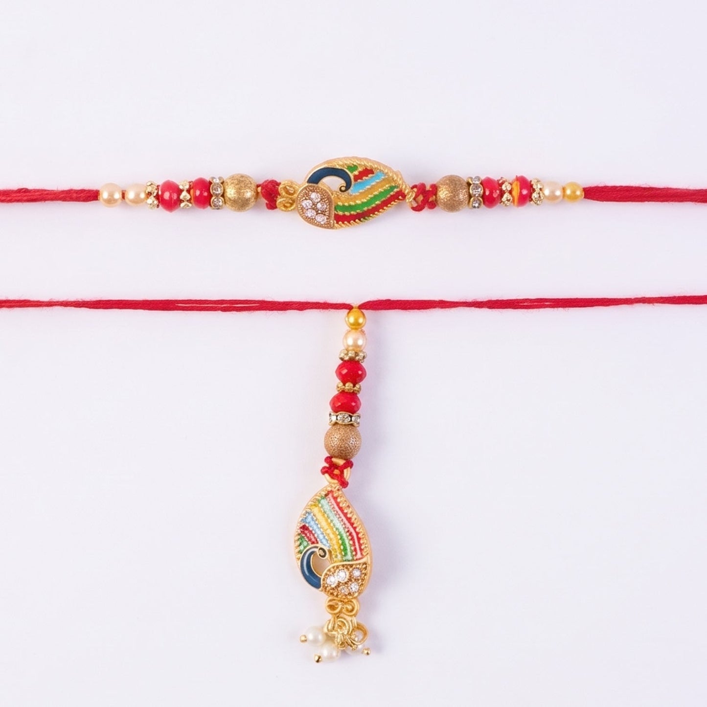 Side view of Peacock Meenakari Rakhi with intricate details