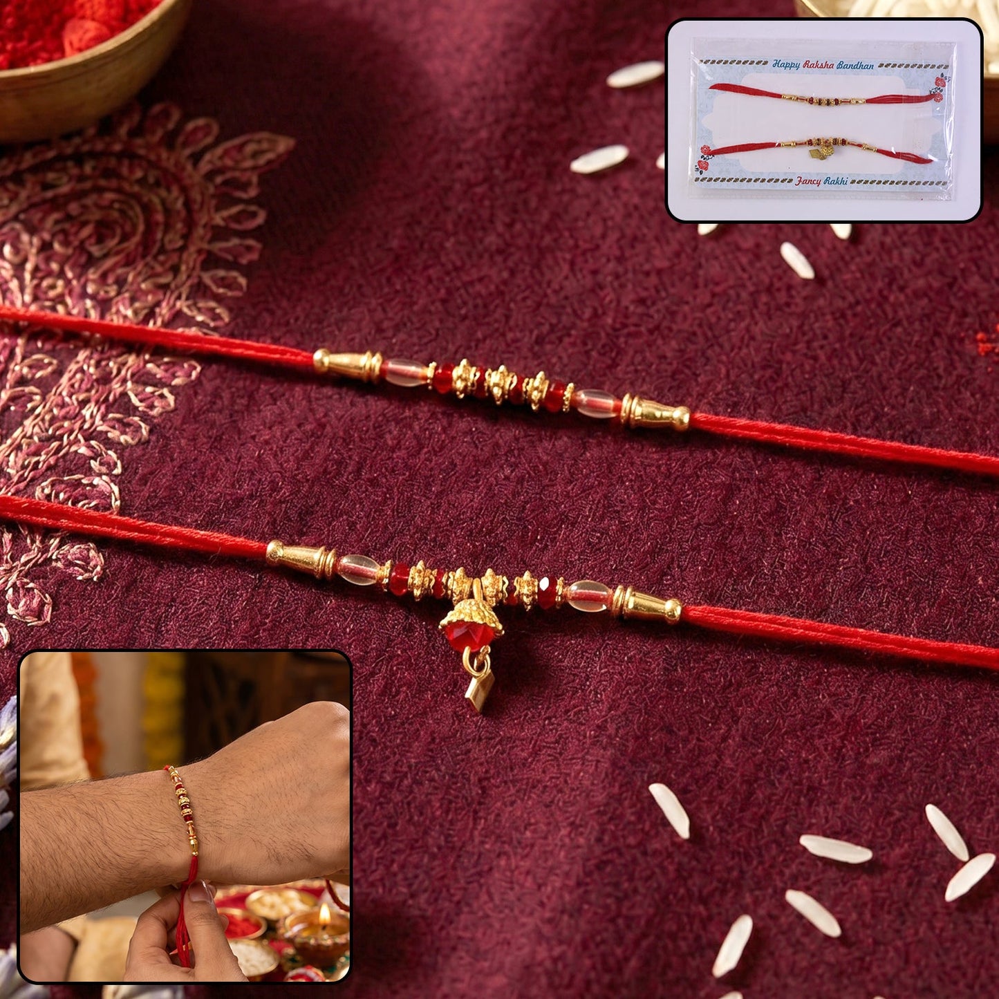 Golden beaded designer Rakhi with red thread close-up