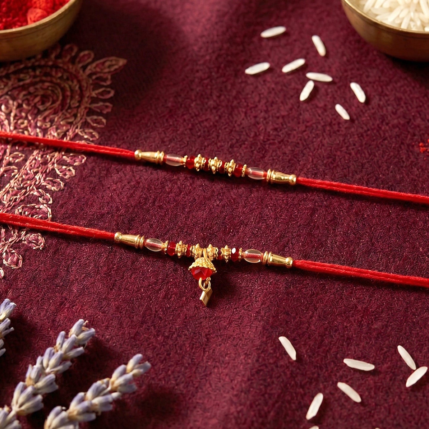 Side view of elegant golden beaded Bhabhi Rakhi