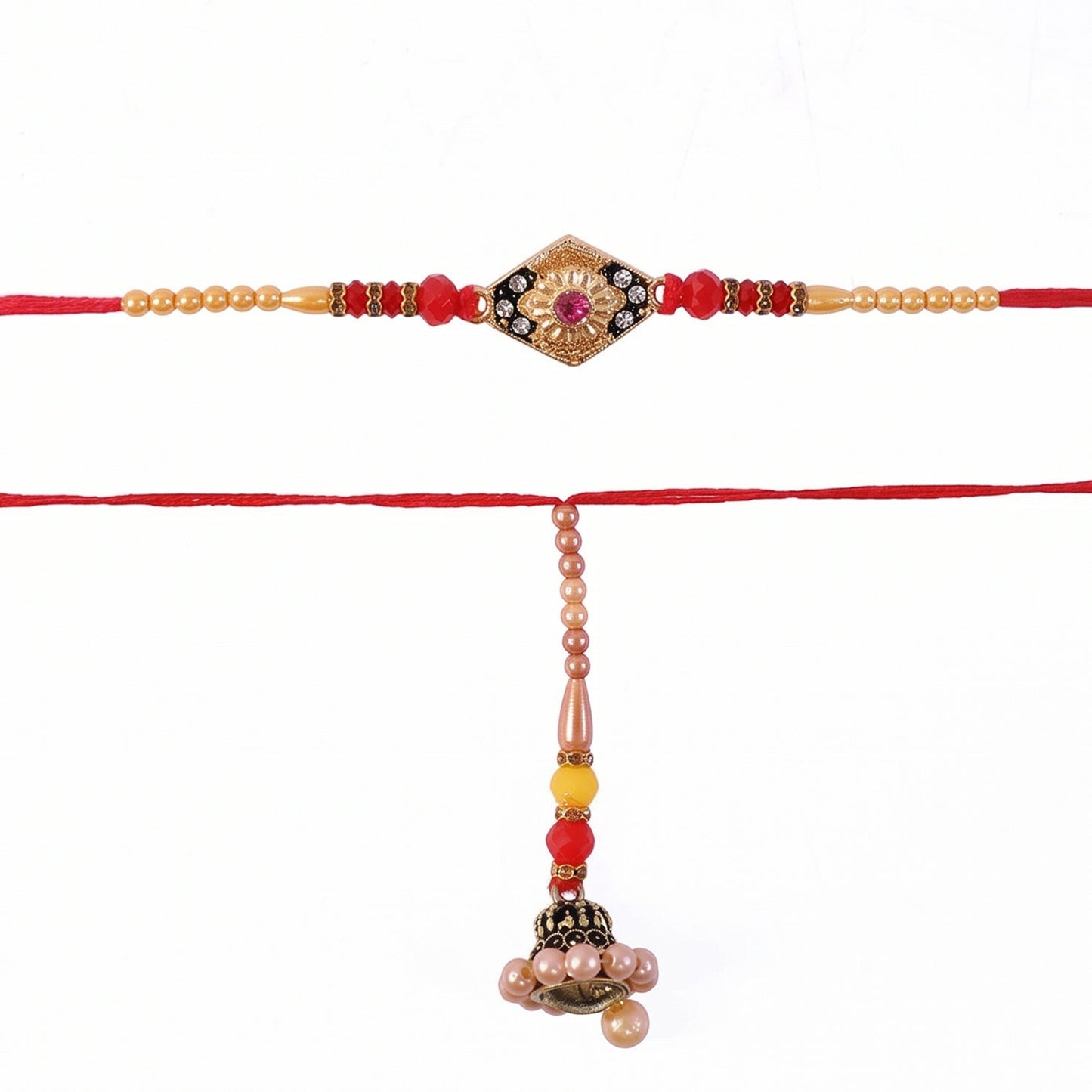 Pearl bead and diamond Rakhi closeup