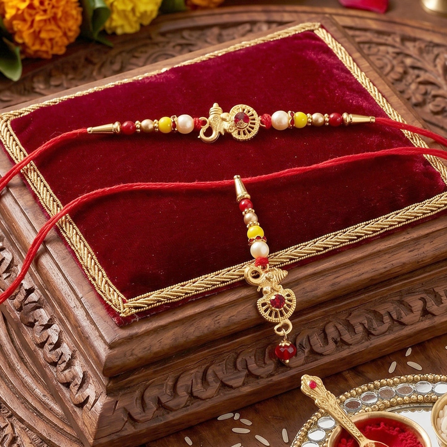 Close-up of golden ganesha rakhi with pearl beads