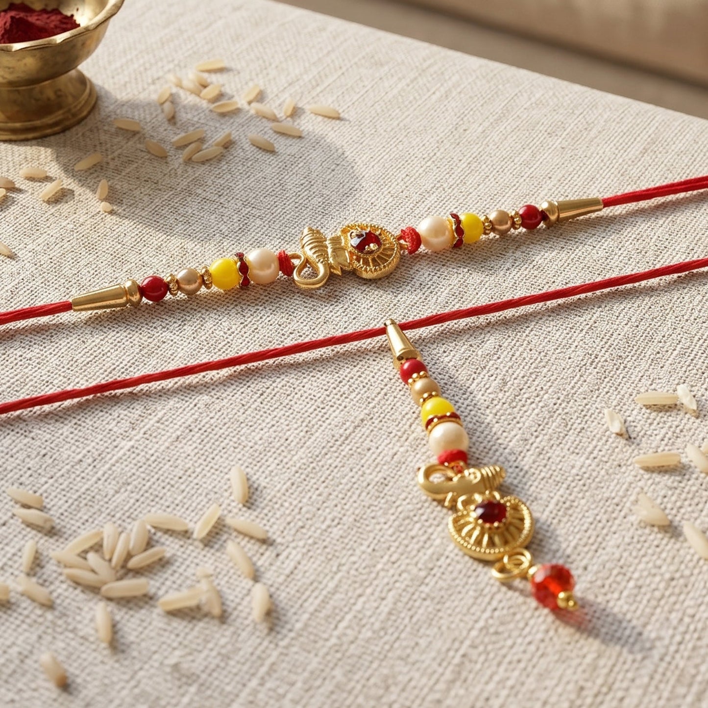 Golden Ganesha rakhi showing intricate pearl bead details