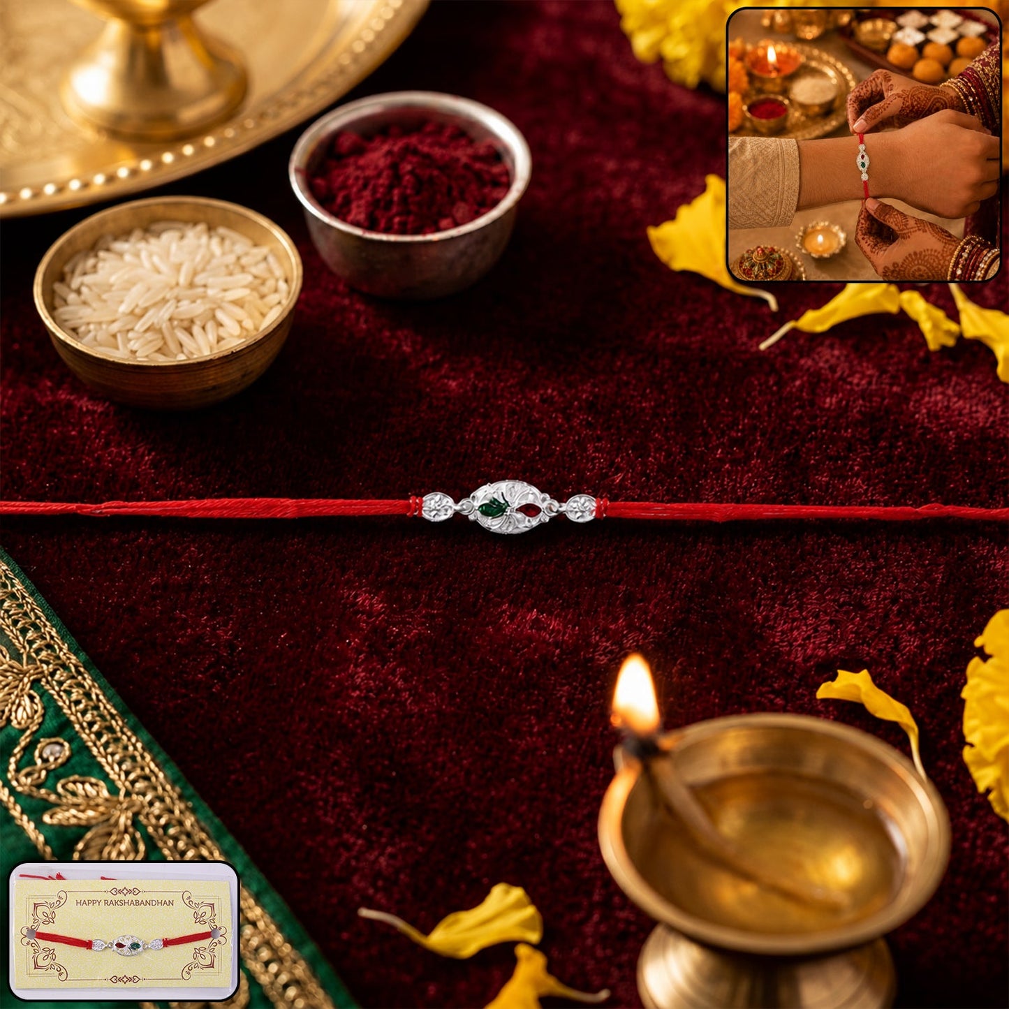Silver Oval Design Rakhi with Red Thread (1 Pc)