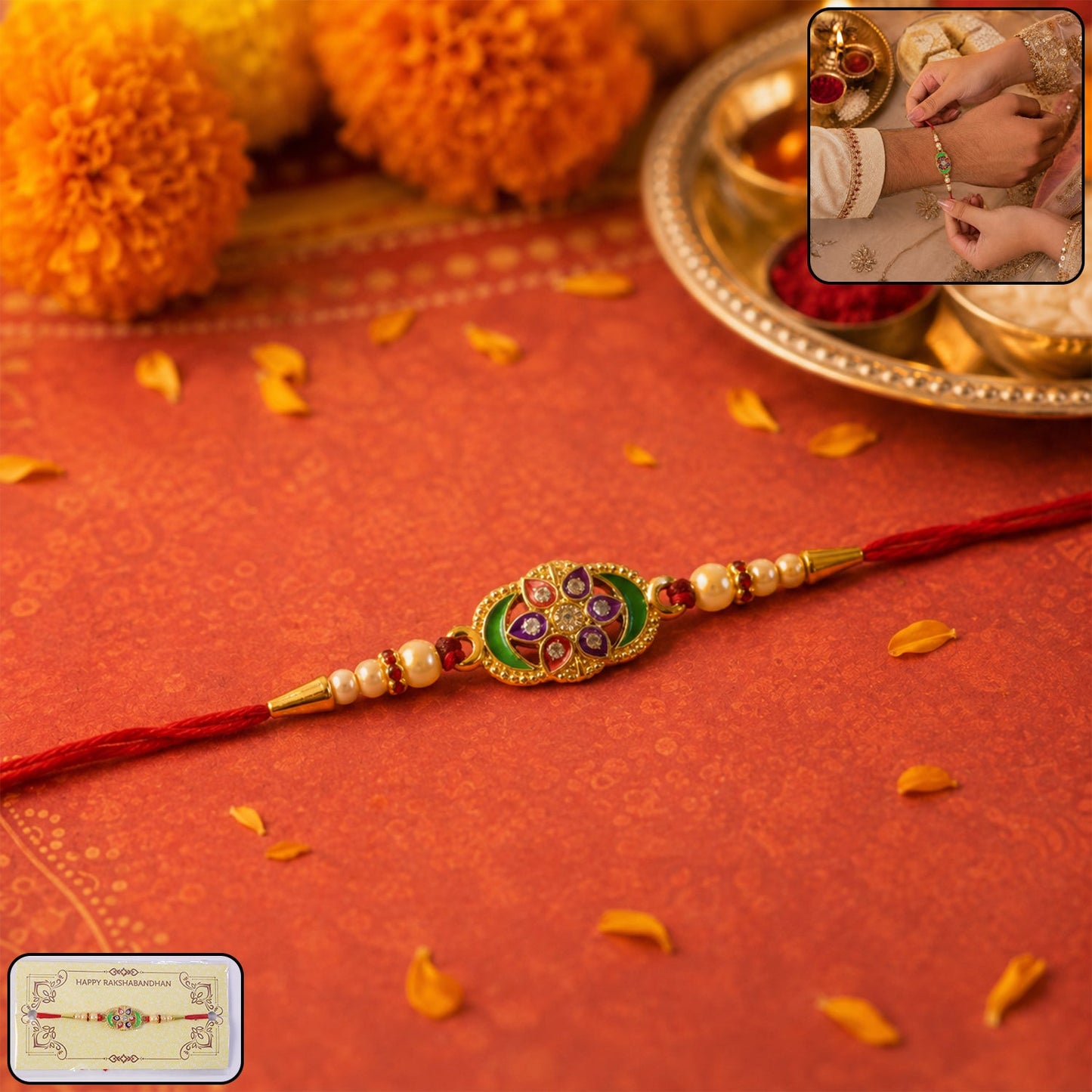 Colorful Floral Design Rakhi with Pearl Beads (1 Pc)