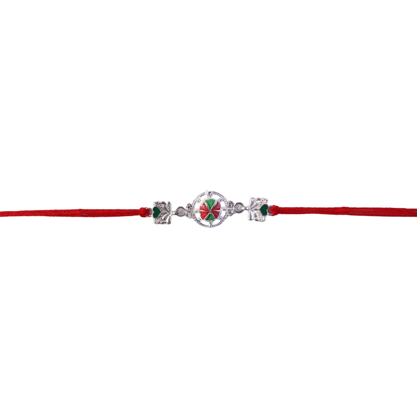 Silver Floral Design Rakhi with Red Thread (1 Pc)