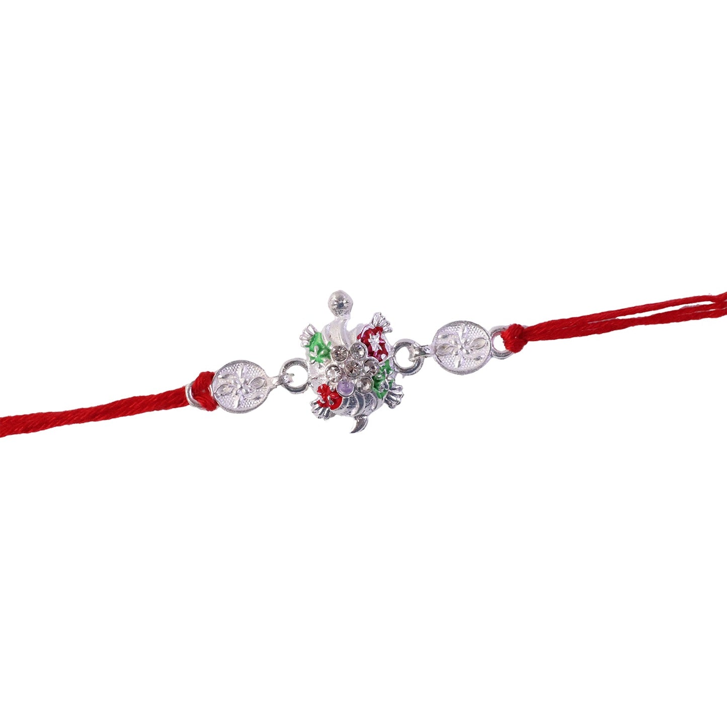 Top view of rakhi showing enamel work and bead details
