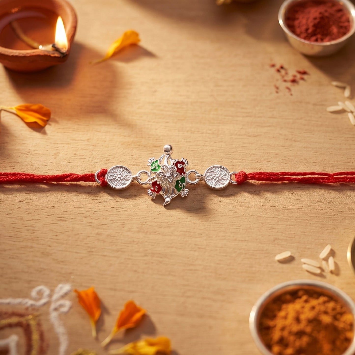 Side view of silver floral rakhi showing decorative beads