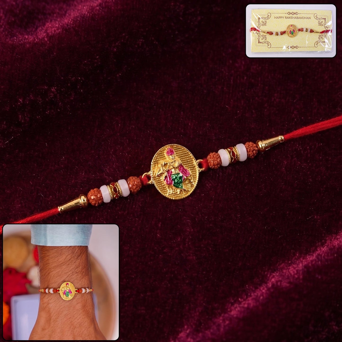 Lord Krishna design rakhi with rudraksha beads close-up