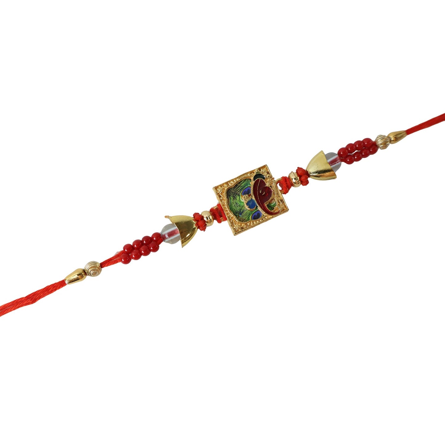 Traditional Square Motif Rakhi with Red Beads (1 Pc)