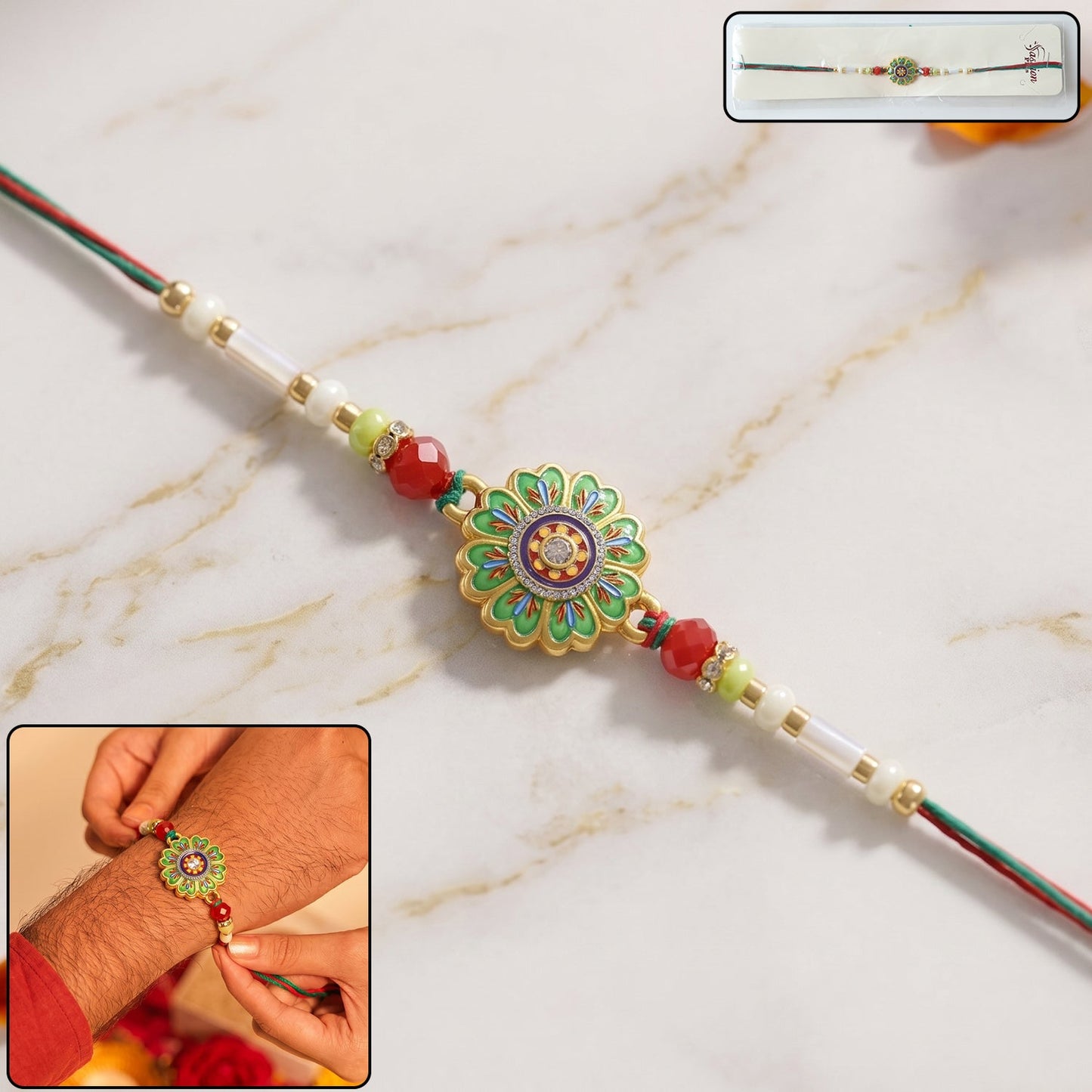 Floral Round Design Rakhi with Colorful Beads (1 Pc)