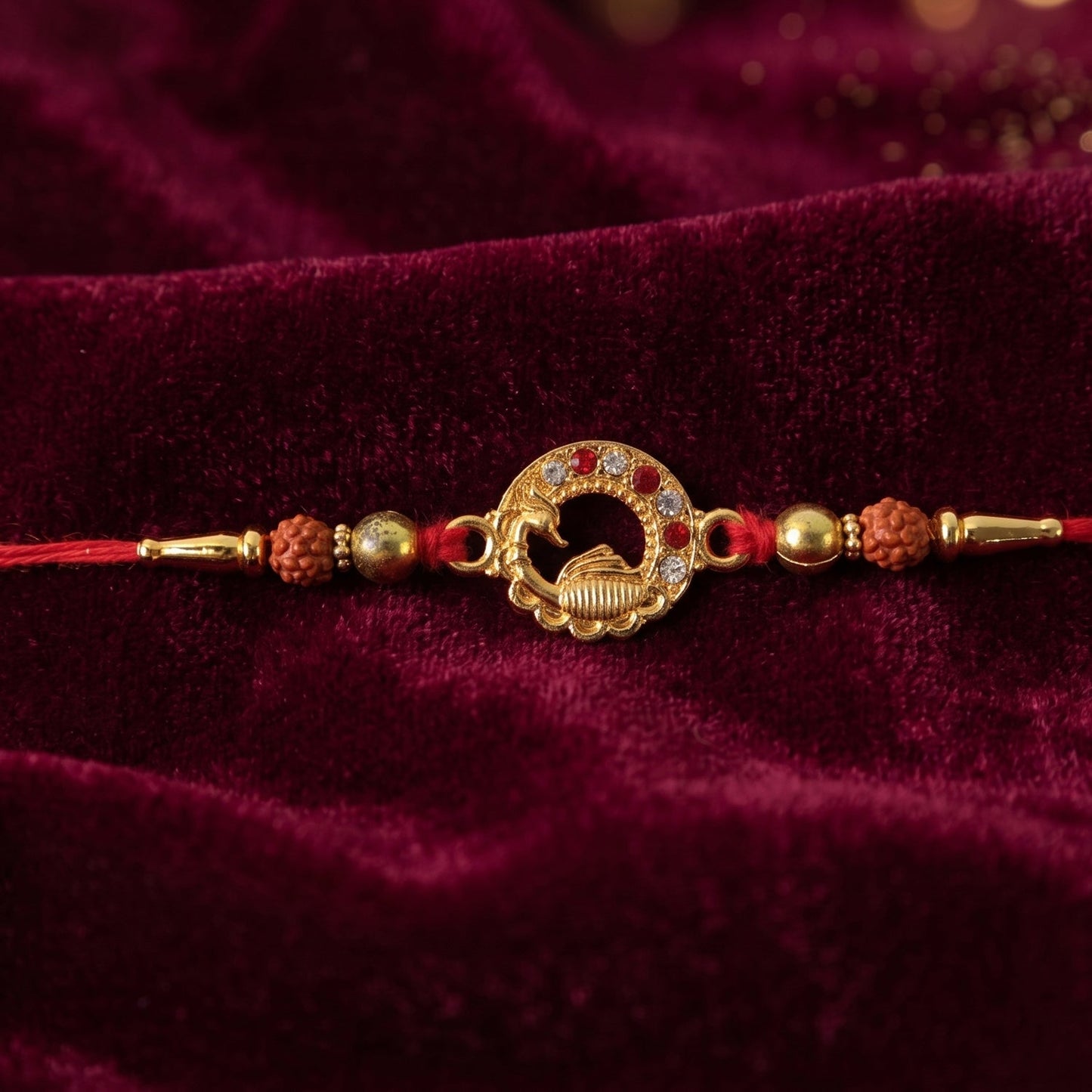 Soft thread and elegant detailing of Golden Peacock Rakhi
