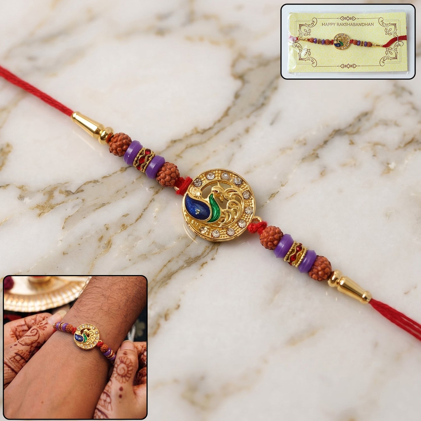 Peacock Design Rakhi with Rudraksha Beads close-up