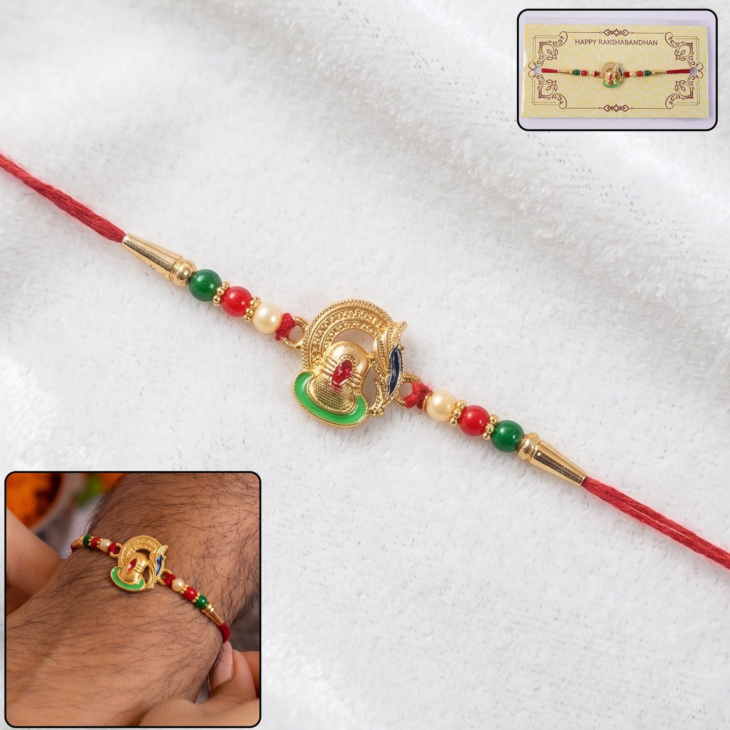 Shivling Design Rakhi with colorful beads close-up