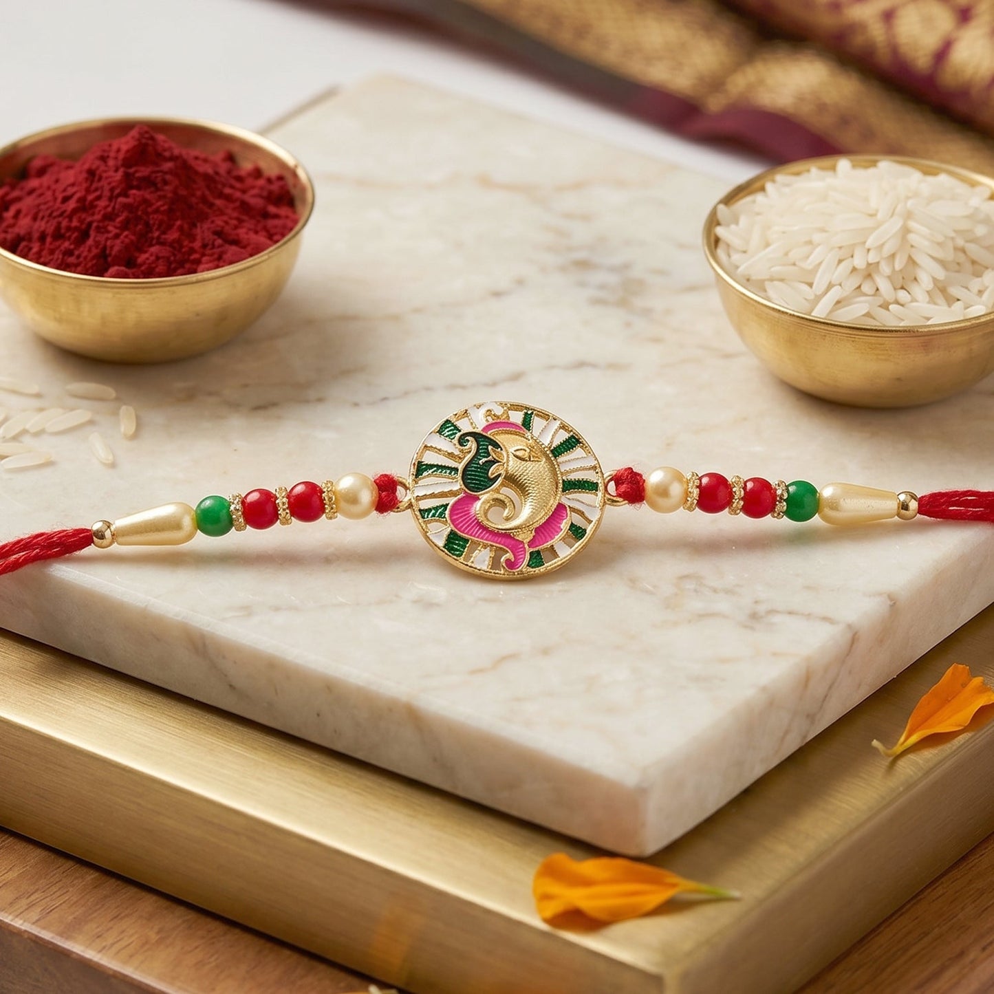 Round Ganesh Rakhi tying thread and bead details