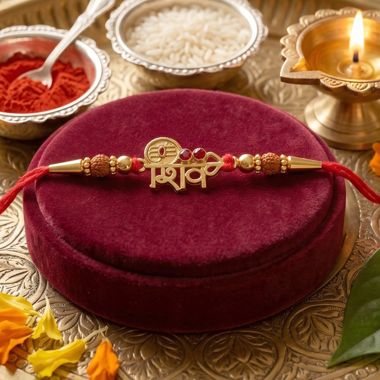 Close-up of Shiv Design Rakhi centerpiece and Rudraksha beads