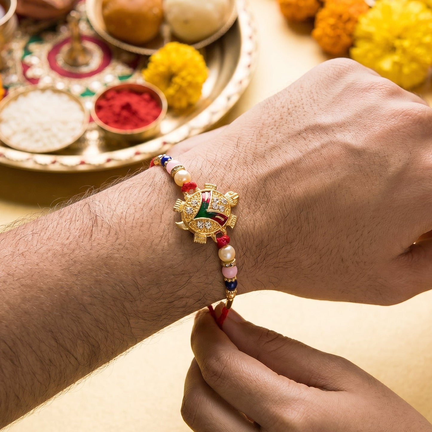 Golden Turtle Design Rakhi with Pearl Beads (1 Pc)