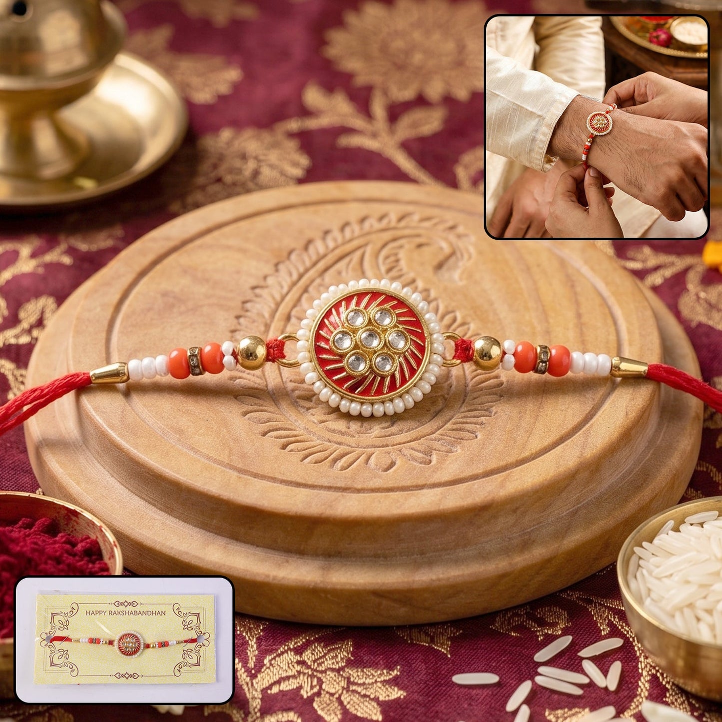 Golden floral design rakhi with colorful beads close-up