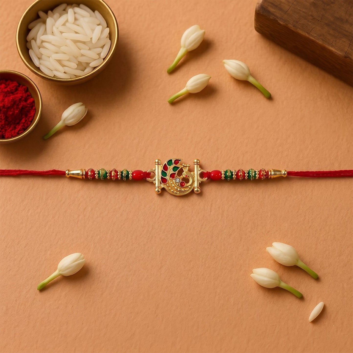 Golden Peacock Design Rakhi with Colorful Beads (1 Pc)