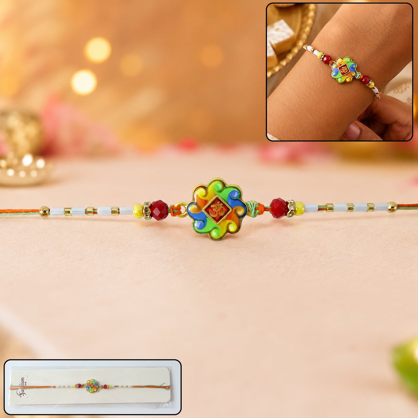 Colorful Om Design Rakhi with decorative beads