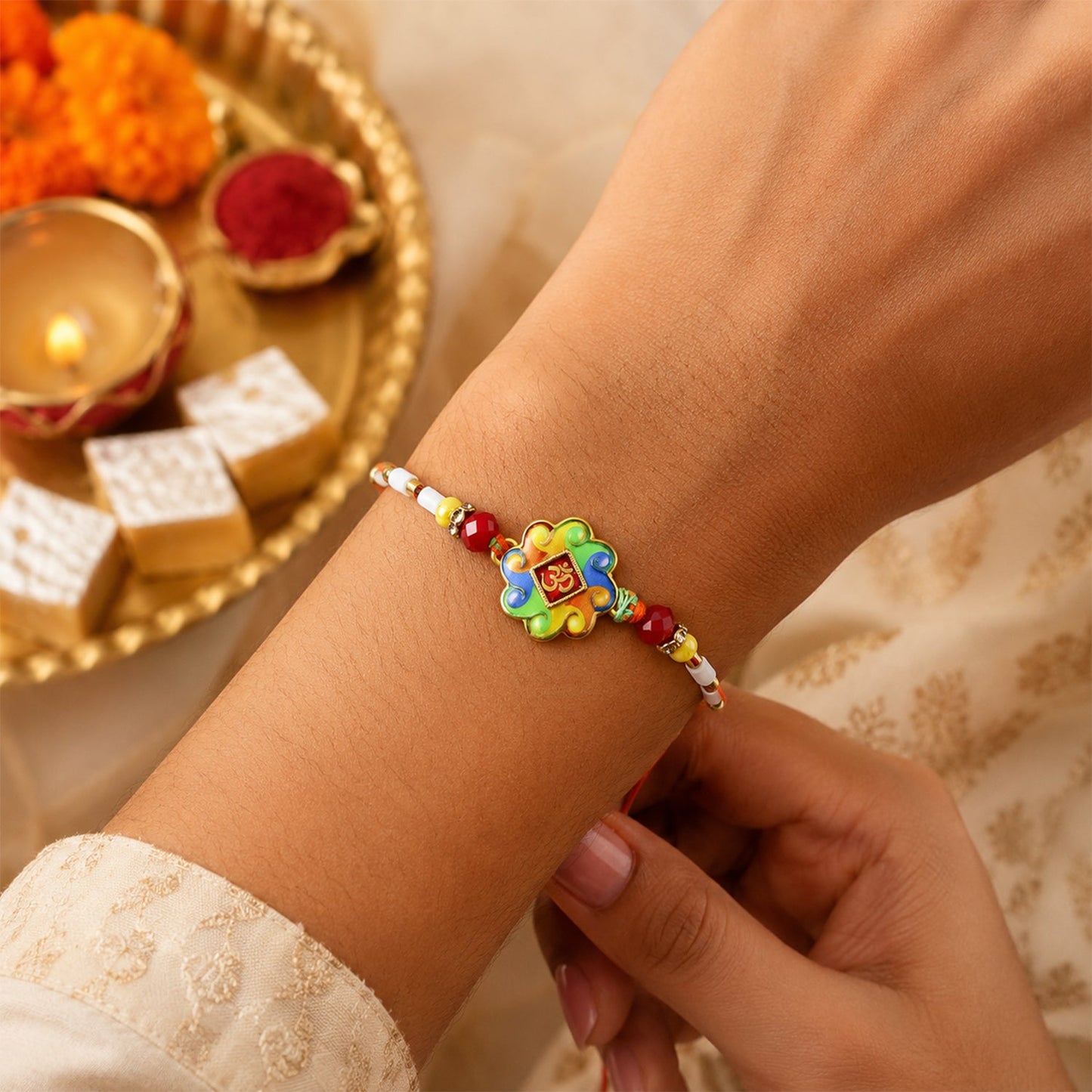 Close-up of Om design centerpiece on Rakhi